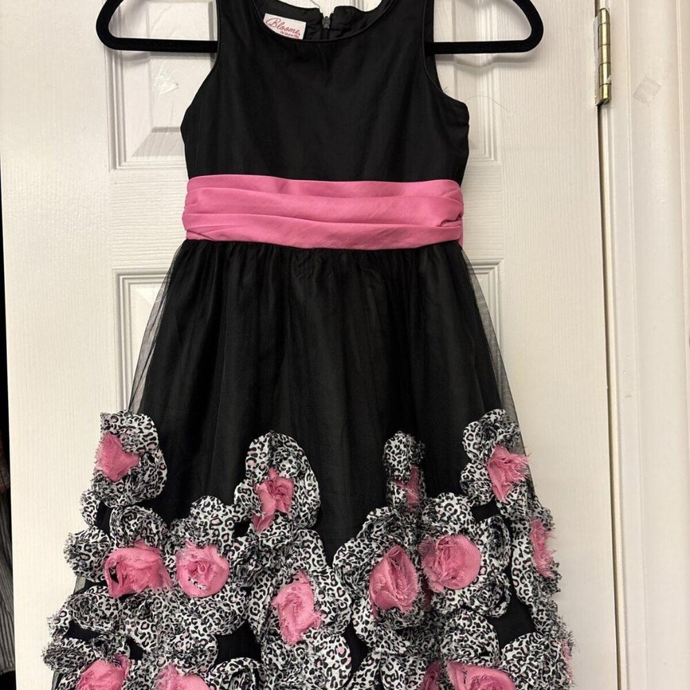 NWOT Bloome Black Pink Leopard Rosette Tulle Sleeveless Dress. Size 8
